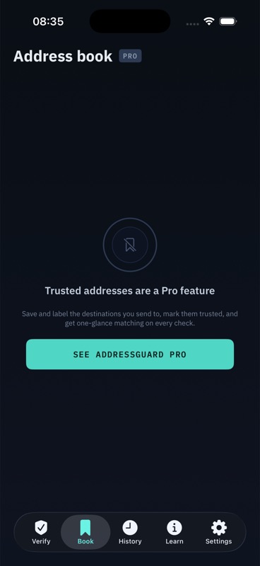 AddressGuard Pro gate for saved trusted Bitcoin addresses