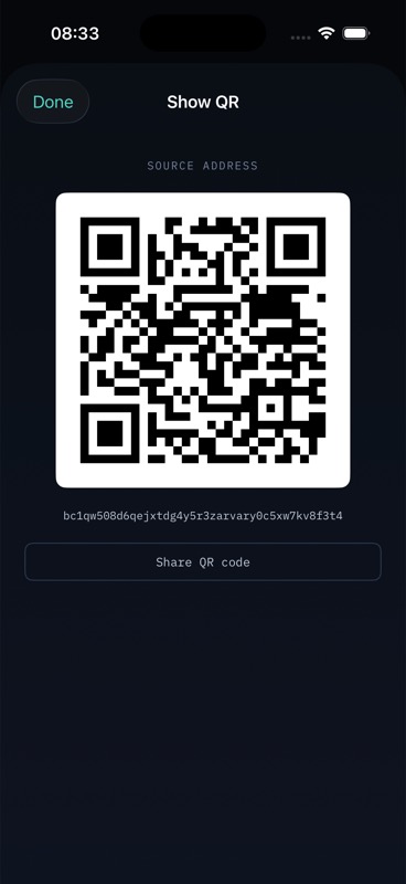 AddressGuard QR generation sheet for a source Bitcoin address