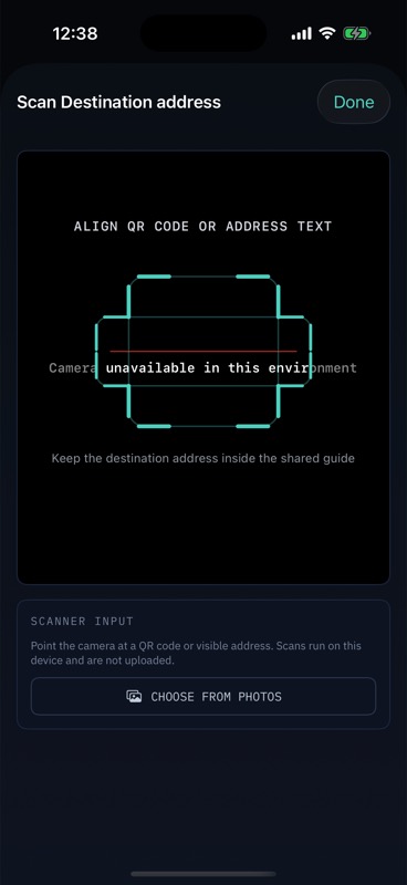 AddressGuard Bitcoin address scanner overlay on iPhone