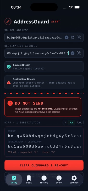 AddressGuard showing a Bitcoin address mismatch warning before sending