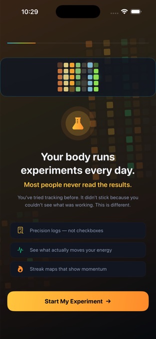 BioStreaks onboarding screen introducing the daily protocol log